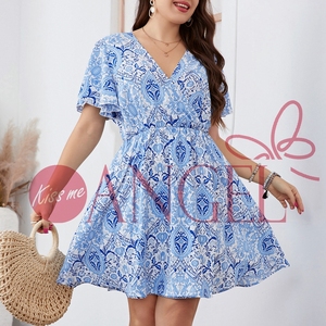 Hôn tôi Thiên Thần Mùa Hè Tươi sexy màu xanh in Chiều dài đầu gối lớn HEM tính khí đi lại quá khổ hoa Ăn mặc - Product Image 1