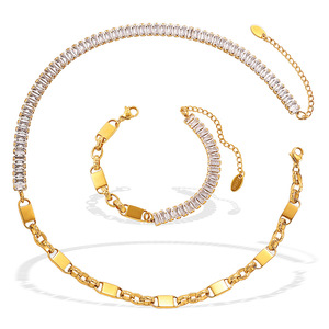 Stainless Steel Zircon Necklace And <b>Bracelet</b> <b>Set</b> 18K Gold Plated Geometric Design Unisex Hip Hop Jewelry Gift <b>Set</b> - Product Image 5