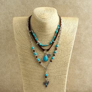 Conjunto de Collar de Moda Retro Étnico Personalizado para Mujer, con Clip de Papel, Cuero Marrón de Gamuza, Aleación Turquesa, Concha, Cactus, Joyería Occidental - Product Image 2