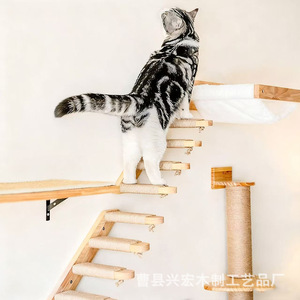 Estructura de escalada para gatos, montada en la pared, escalera de madera maciza, poste rascador de cuerda de sisal, hamaca para gatos grandes, color madera natural duradero. - Product Image 1