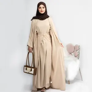 New Arrival Wear Muslim Dress Open Abaya Solid Satin Islamic Luxury Clothing Women Casual Maxi Dress 4 Colors High Quality