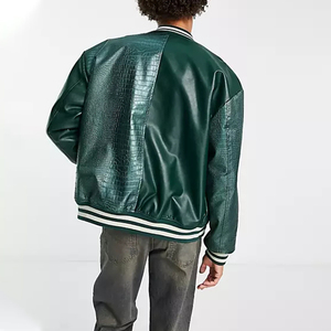 Giubbotto da Bomber in pelle artificiale <span class=keywords><strong>oversize</strong></span> con Design personalizzato YUCHEN giacche da Baseball Colorblock in <span class=keywords><strong>ecopelle</strong></span> verde scuro - Product Image 2