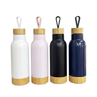 Botol minum termos dengan tutup bambu, botol vakum terisolasi, botol air termos dengan tutup dan bawah bambu yang dapat dilepas