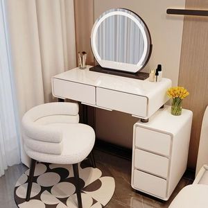 Table de toilette de luxe pour chambre à coucher avec miroir rond éclairé, rangement - Product Image 1