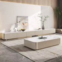 Table basse et meuble TV combinés en bois massif et plateau en pierre, style italien de luxe léger, moderne et simple, pour grand appartement, finition minimaliste