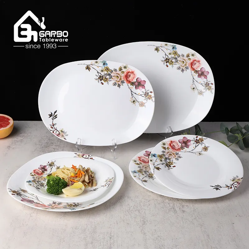 Promotion oblong white opal glass 12inch serving plate chefs plate heat resistant floral serving platter for restaurant hotel