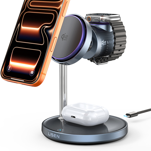 LISEN 3 in 1 Qi2 Magnetic Wireless Charging Station 25W Fast Charger Stand for iPhone 17 16 15 14 Watch AirPods Charging Dock