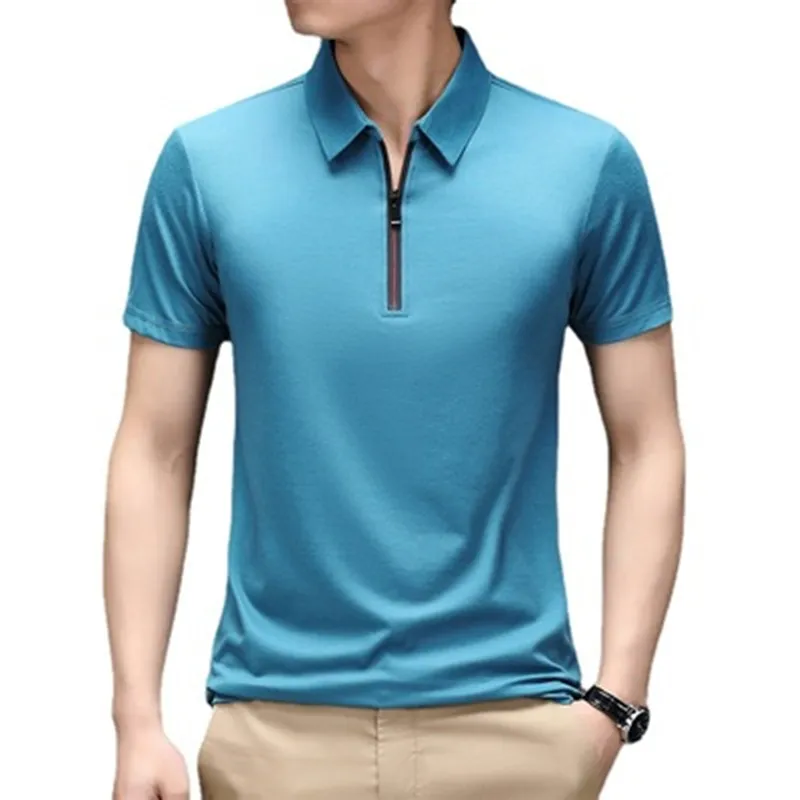 Polo con logotipo personalizado para hombre, camisa de seda de hielo de manga corta con cremallera de solapa de Color liso, talla grande