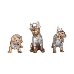 Set di 3 statue decorative in resina di cani per decorazioni per la casa, l'ufficio e il bagno, figurine scultoree con occhiali da sole, cuffie e cappello. - Product Image 1