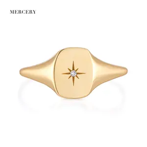 Mercery精致珠宝奢华方形厚戒指闪耀明星真14k纯金天然钻石图章戒指