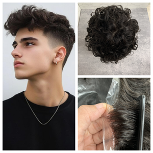 Prothèse capillaire ondulée H444 pour hommes, <span class=keywords><strong>cheveux</strong></span> <span class=keywords><strong>bouclés</strong></span> sur mesure, base en PU, 100 % <span class=keywords><strong>cheveux</strong></span> humains, système à boucles permanentes, ligne de <span class=keywords><strong>cheveux</strong></span> naturelle, expédition rapide - Product Image 1