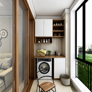 Meuble de balcon encastré BALOM bleu marine sur mesure avec poignées en laiton, étagères ouvertes et <span class=keywords><strong>machine</strong></span> <span class=keywords><strong>à</strong></span> <span class=keywords><strong>laver</strong></span> intégrée - Product Image 6