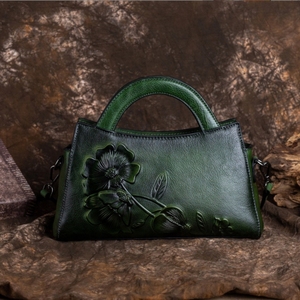Borsa a Mano Vintage in Vera Pelle da Donna 2024, Stile Retrò Country, Grande Capacità, Pratica Tracolla, Cerniera, Motivo Floreale in Rilievo - Product Image 2