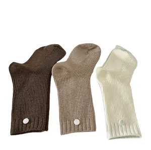 Youki Autumn and Winter Pure Cotton Solid Color Shell Button Striped Women's Mid length Socks