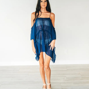 Blue Sheer Cotton Sexy <b>Mini</b> <b>Dress</b> With Spaghetti Straps Draped Silhouette Asymmetric Hem And Relaxed Fit For Beach Resort Wear - Product Image 1