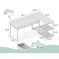 Bureau d'ordinateur de 135 cm de long avec tiroirs, bureau d'angle avec prise de courant et étagères de rangement réversibles pour le bureau à domicile, les jeux, blanc