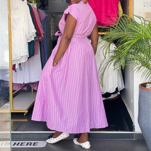 Robes Maxi Élégantes pour Femmes à Manches Courtes, Boutonnées, Rayées, Style Africain, avec Ceinture à Nouer, Écologiques, en Crochet, Taille Naturelle, Tendance - Product Image 6