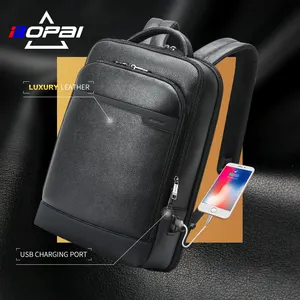 BOPAI wholesale custom printed logo premium office luxury anti theft for men 15.6 inch laptop with usb genuine leather backpacks