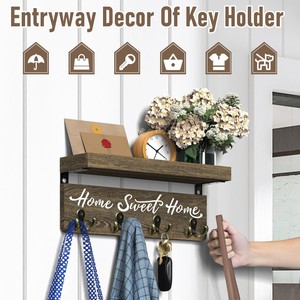 Wooden Wall Mounted <b>Shelf</b> With <b>Hooks</b> Home Sweet Home Mail Key Organizer Entryway Foyer Storage Rack - Product Image 2