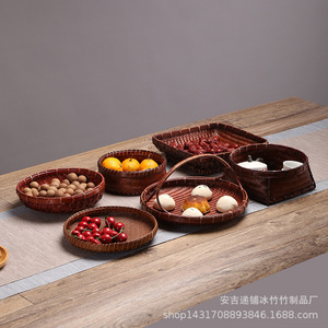 Clearance sale of round antique-style <b>bamboo</b> woven baskets, tea and snack plates, Chinese-style dessert bowls, fruit plates, - Product Image 2