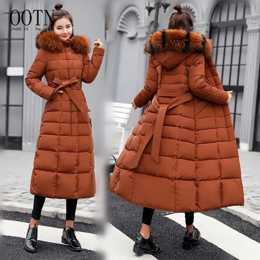 OOTN women's thick coat long dress 2021 new winter coat women's warm fashion bow belt fox fur collar coat