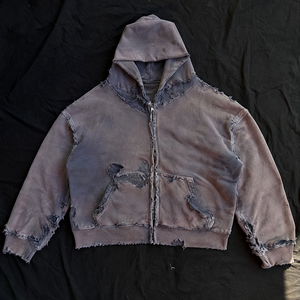 Sudadera con capucha y cremallera para hombre, personalizada, con efecto desgastado, rasgada y deshilachada, estilo streetwear, lavada, de gramaje pesado, 100% algodón, de invierno, color liso, antiarrugas - Product Image 1
