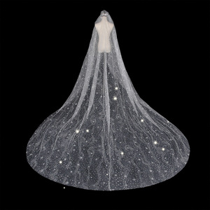 S7736F haute qualité Offres Spéciales lumière luxe <span class=keywords><strong>lumineux</strong></span> longue vadrouille mariée mariée longue dentelle imprimé voiles de mariée élégant - Product Image 1