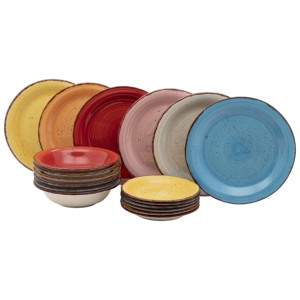 Ensemble de 18 assiettes Geo, vaisselle colorée en céramique, assiettes et bols pour un usage quotidien - Product Image 1