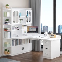 Bureau d'angle en bois massif avec tiroir et bibliothèque pour la maison, la chambre d'étudiant, le bureau, avec combinaison bibliothèque et table de bureau