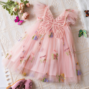 Robe de princesse personnalisée pour enfants avec broderie florale, robe en maille à bretelles et manches volantées pour filles, robe de fête d'anniversaire douce et moelleuse, vente en gros - Product Image 4
