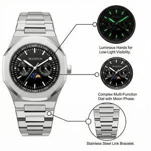 Montre en acier inoxydable avec logo, phases de lune, soleil et lune, mouvement japonais Hardlex, chronographe à quartz, bracelet en cuir tendance - Product Image 3