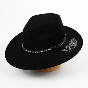 Topi Koboi Suede Bertepi Lebar Dengan Motif Burung Gagak, Topi Fedora Retro Barat, Tali Serut Dapat Disesuaikan, Topi Cowgirl Vintage Boho - Product Image 4