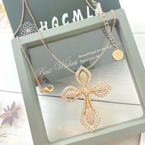 Fine fashion jewelry long chain cross rose gold plated pendant diamond necklace for women girls