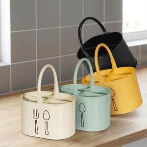 Modern <b>Cutlery</b> <b>Storage</b> Holder with Handle and Dividers in Beige, Mint, Yellow, and Black for Kitchen Use - Product Image 1