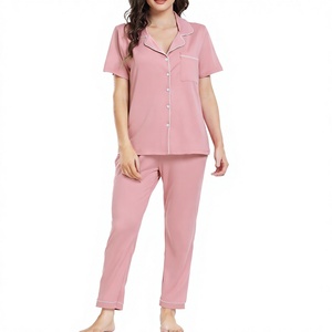 Ensemble de pyjama en coton rose pour femmes, manches courtes, boutons sur le devant, vêtements de nuit classiques, pantalon long, doux et confortable, vêtements de printemps - Product Image 4
