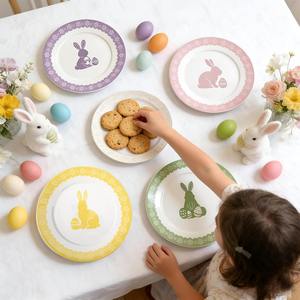 Assiette en céramique personnalisée, motif lapin de Pâques, couleur pastel printanier, pour desserts, salades, brunch et fêtes de printemps, vaisselle de cuisine pour la maison - Product Image 3
