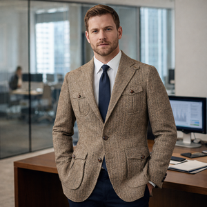 <span class=keywords><strong>Blazer</strong></span> en <span class=keywords><strong>tweed</strong></span> à chevrons avec logo personnalisé pour <span class=keywords><strong>homme</strong></span>, marron, coupe ample, style streetwear, costume d'affaires, tenue d'automne, décontracté - Product Image 3