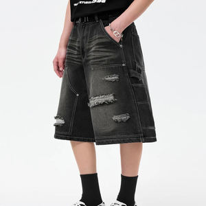 Özel yüksek kalite Vintage orta katlı erkek <span class=keywords><strong>Denim</strong></span> şort gevşek sıkıntılı asit-yıkanmış Trendy kot erkekler için kısa - Product Image 1