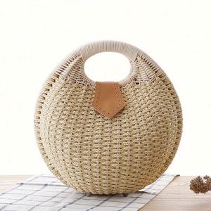 Bolso de Playa de Verano de Alta Calidad para Mujer, Bolso de Mano Redondo Tejido de Ratán, Bolso de Paja Resistente al Agua, Portátil con USB - Product Image 4