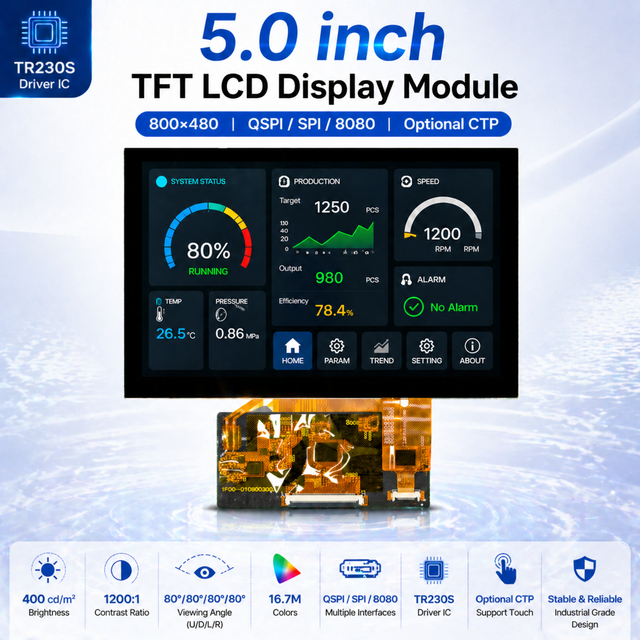 5.0 Inch  QSPI / SPI / 8080 Interfaces Display 800*480 Resolution MCU HMI Display Upgrade  STM32 ESP32  Arduino, Raspberry Pi