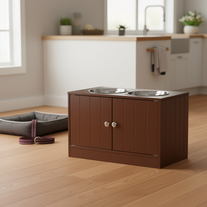 Support surélevé pour gamelles de chien avec armoire de rangement, en bois brun, station d'alimentation pour chiens - Product Image 2