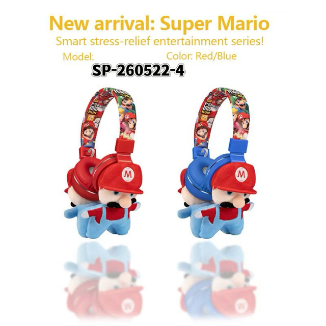 Super Mario Wireless Headphones, Cute Plush Mario Doll Over-Ear Bluetooth Headset for Kids & Fans, Red/Blue Optional
