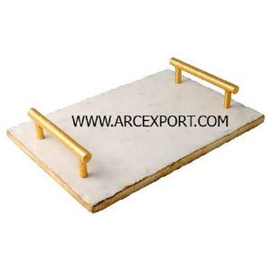 Plateau de luxe en marbre blanc avec 2 poignées en feuille d'or, design élégant, plateau de service pour hôtel et mariage - Product Image 4