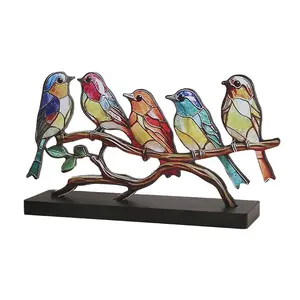 Ornamen burung kayu dicat kecil seni dekoratif untuk dekorasi rumah meja beranda lemari TV atau rak buku tanda dinding