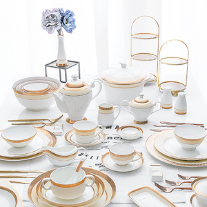 Juego de vajilla de porcelana China con borde dorado, juego de vajilla de cerámica de lujo, 57 Uds., venta al por mayor - Product Image 2
