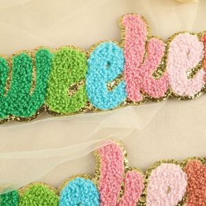 New Big Size 7.4*24cm Iron on Colorful Chenille Embroidered Gold Edge Weekend Letter Patch for T-shirt Hoodies - Product Image 3