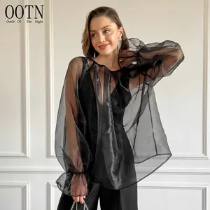OOTN Summer See Through Tops Vacation Female Lace-Up Loose Blouse Women Party Puff Sleeve Tops Transparent Organza Blouse