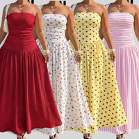 Robe longue sans bretelles pour femmes avec taille plissée, imprimés floraux et rayés, élégante robe de plage d'été pour les vacances