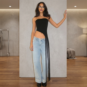 Débardeur asymétrique tricoté respirant pour femme avec franges latérales et découpes, couleur unie, coupe courte - Product Image 4
