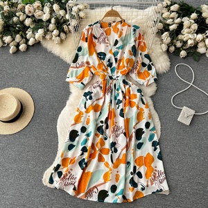Nuovo <span class=keywords><strong>Abito</strong></span> Estivo Casual in Chiffon con Stampa Floreale, Maniche Corte <span class=keywords><strong>e</strong></span> Scollo a V - Product Image 2